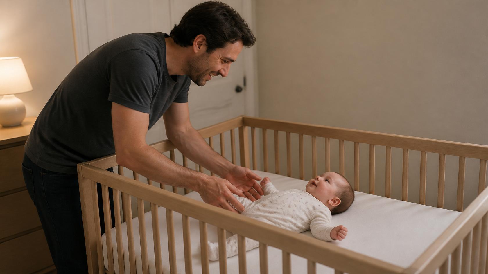 Father smiling beside a baby in a clear wooden crib.