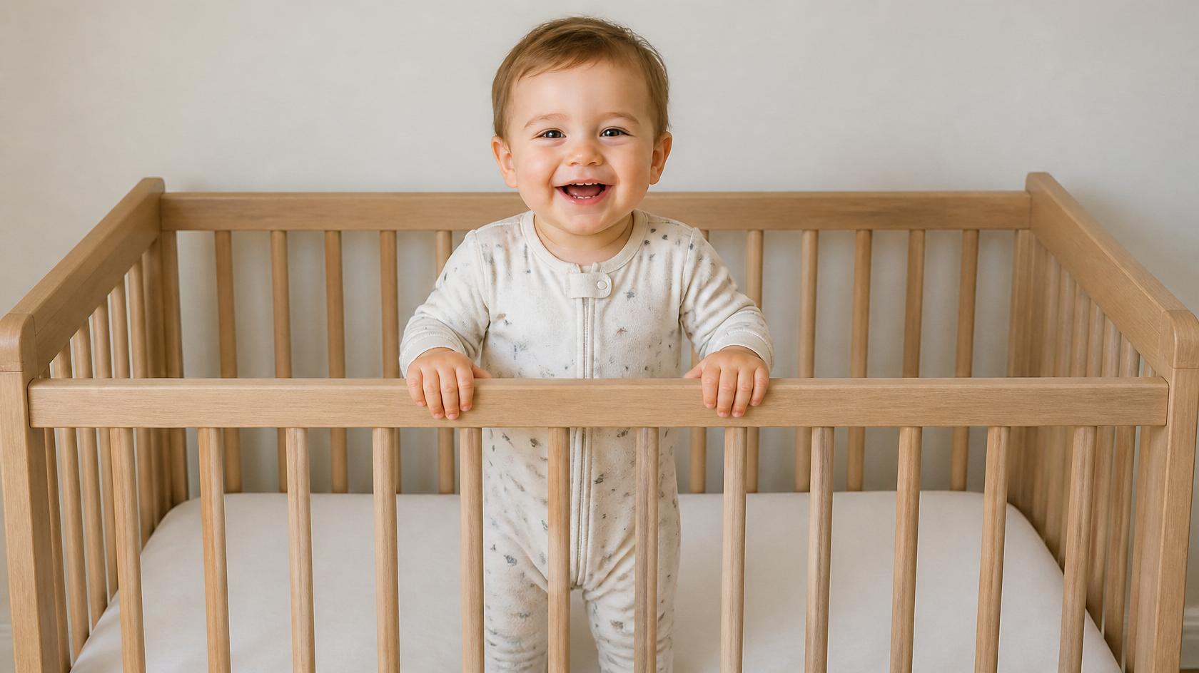 Smiling toddler standing in a clear light-wood crib.